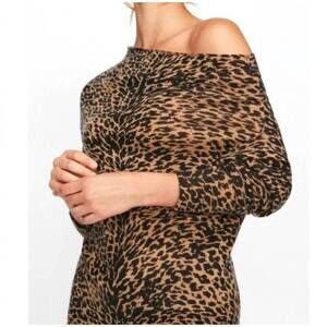 NEW BROCHU WALKER cashmere off shoulder animal print sweater in brown